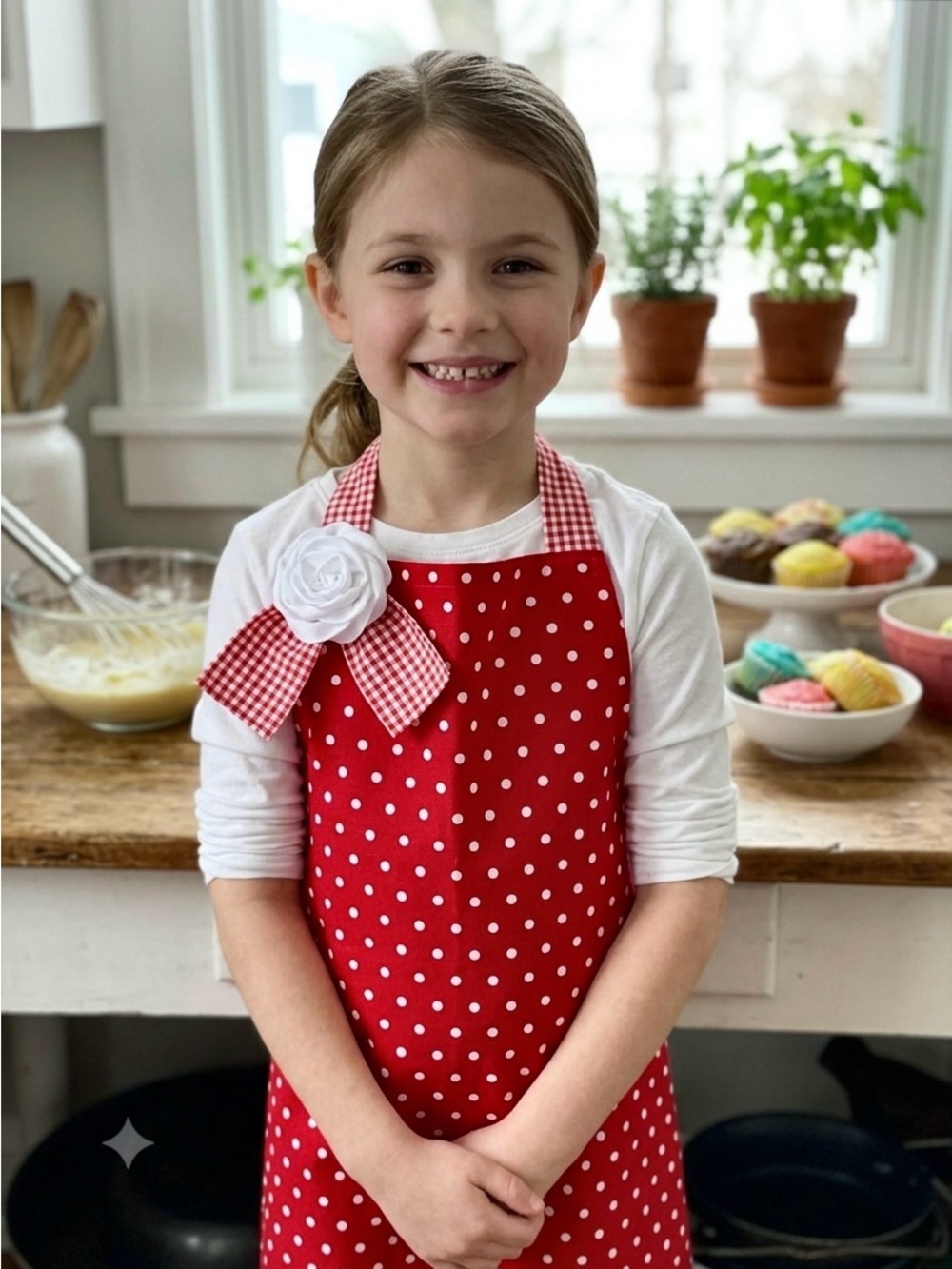 2093 - Kids Polka Dot Red Kitchen Apron with Gingham Bow